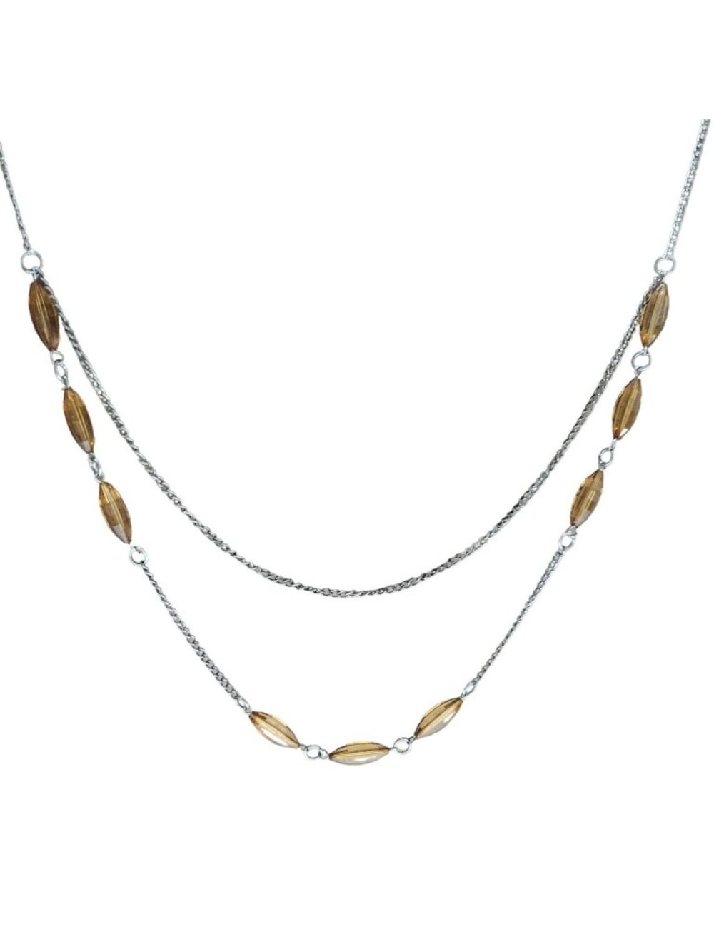 Vintage Beaded Necklace Brown Beads Silver Tone Chain Multi Strand Jewelry Women